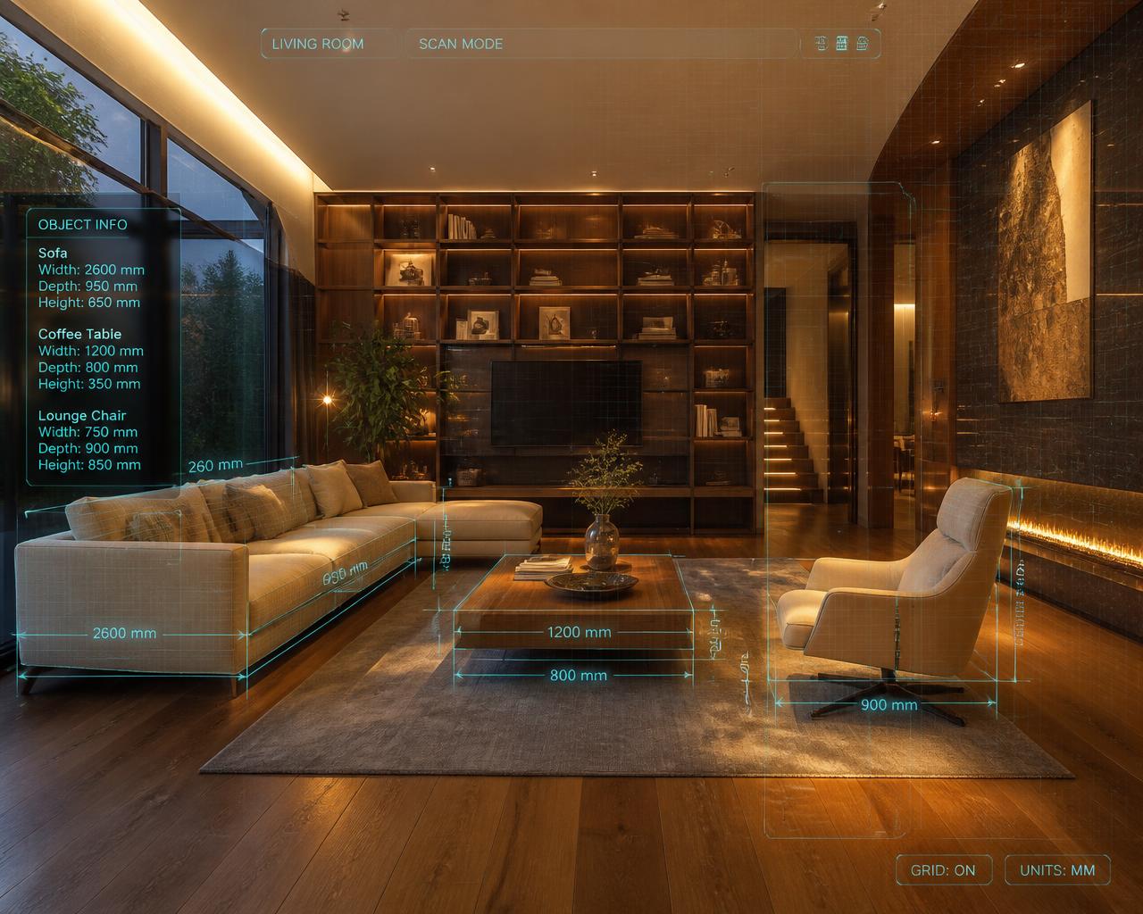 Living room interior with augmented reality measurement overlays